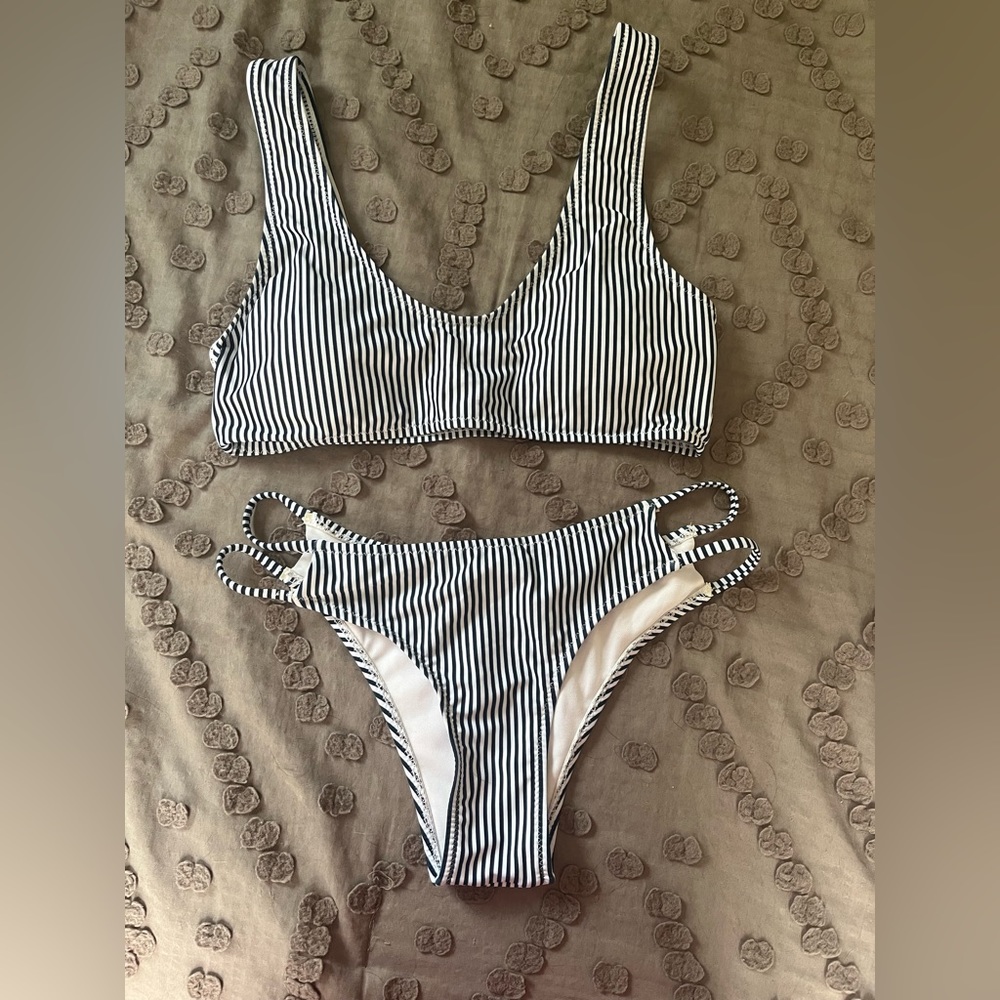 Navy and White Striped Bikini